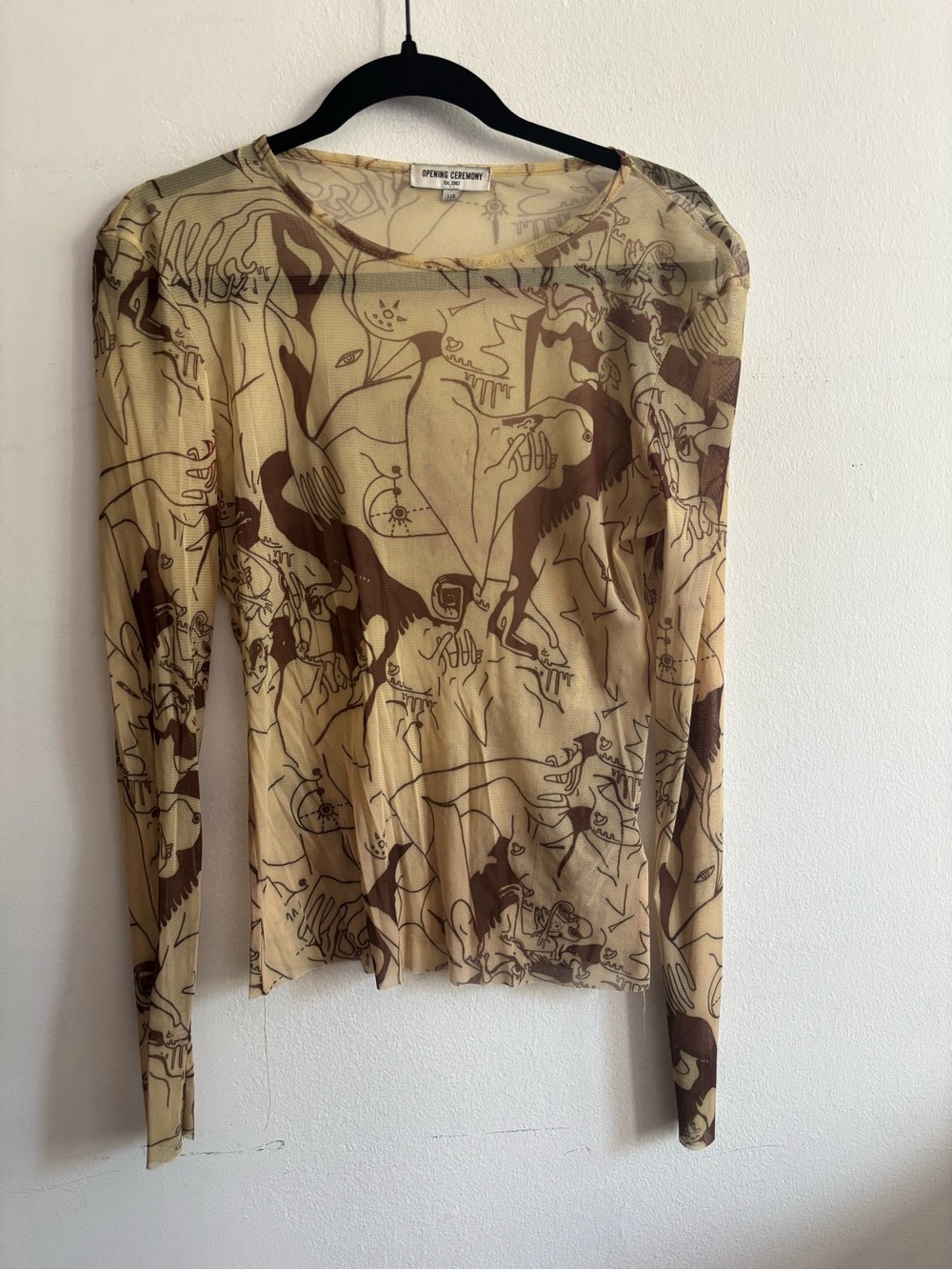 Opening Ceremony Beige & Brown Printed Long-Sleeve mesh top